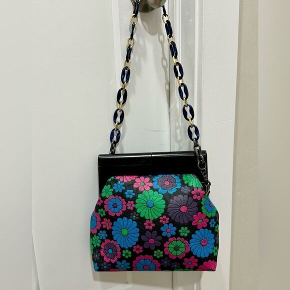 Chic Wood Frame & Leather Floral Print Clutch/Shoulder Bag/Crossbody - Picture 1 of 16